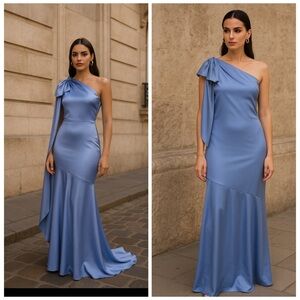 AIDAN MATTOX Satin Asymmetric One Shoulder Mermaid Maxi Gown Size 14 Blue NWT